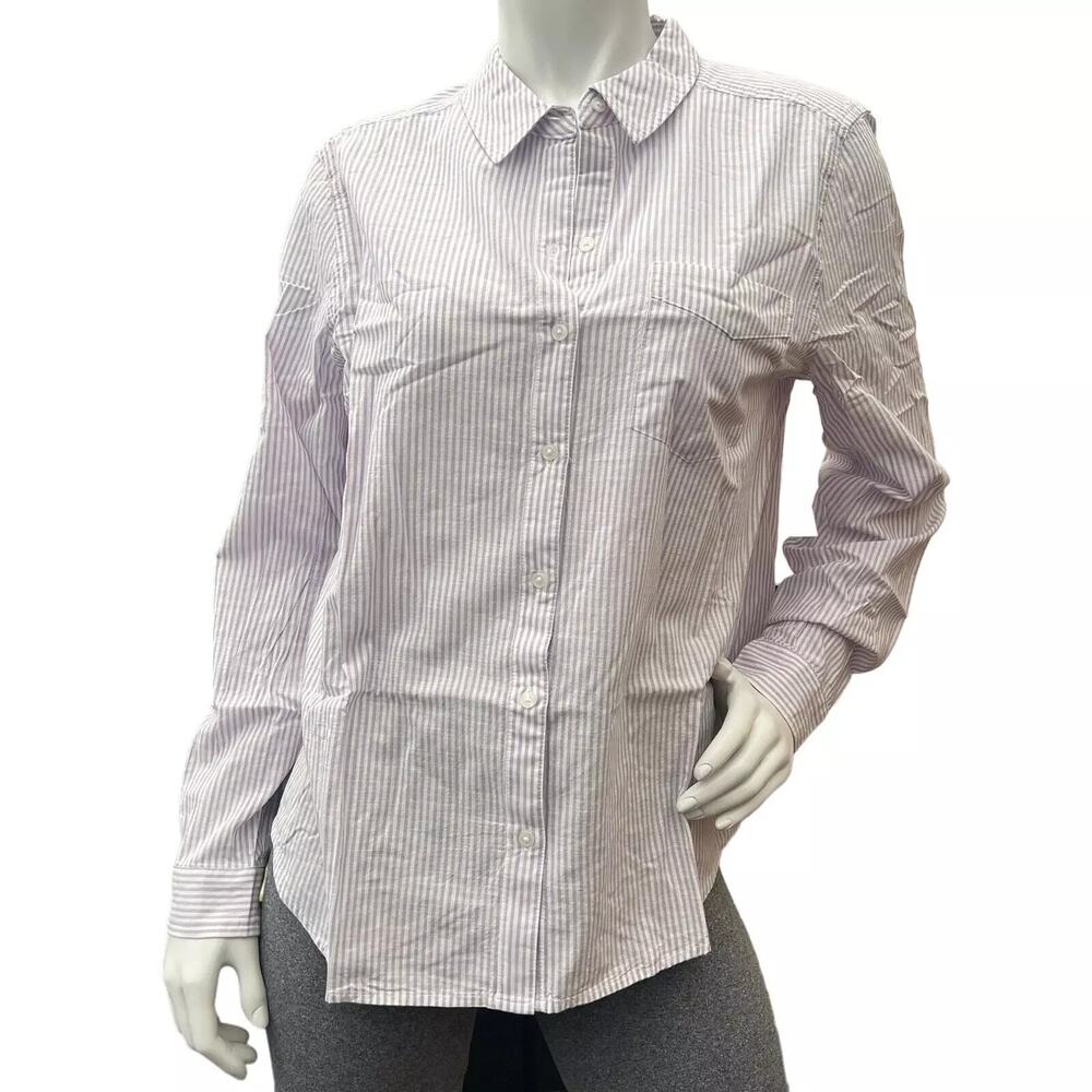 Goodthreads Women Washed Cotton Boyfriend Shirt Lilac/Ivory Vertical Stripe XS